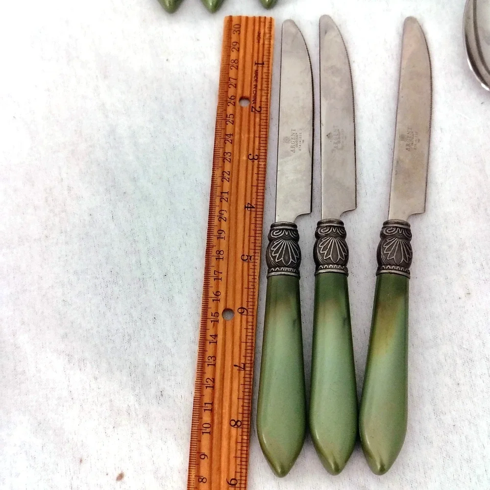 16 Argent Orfevres Green Spoon Fork Knife Sophia Pattern Stainless Steel 188 VTG